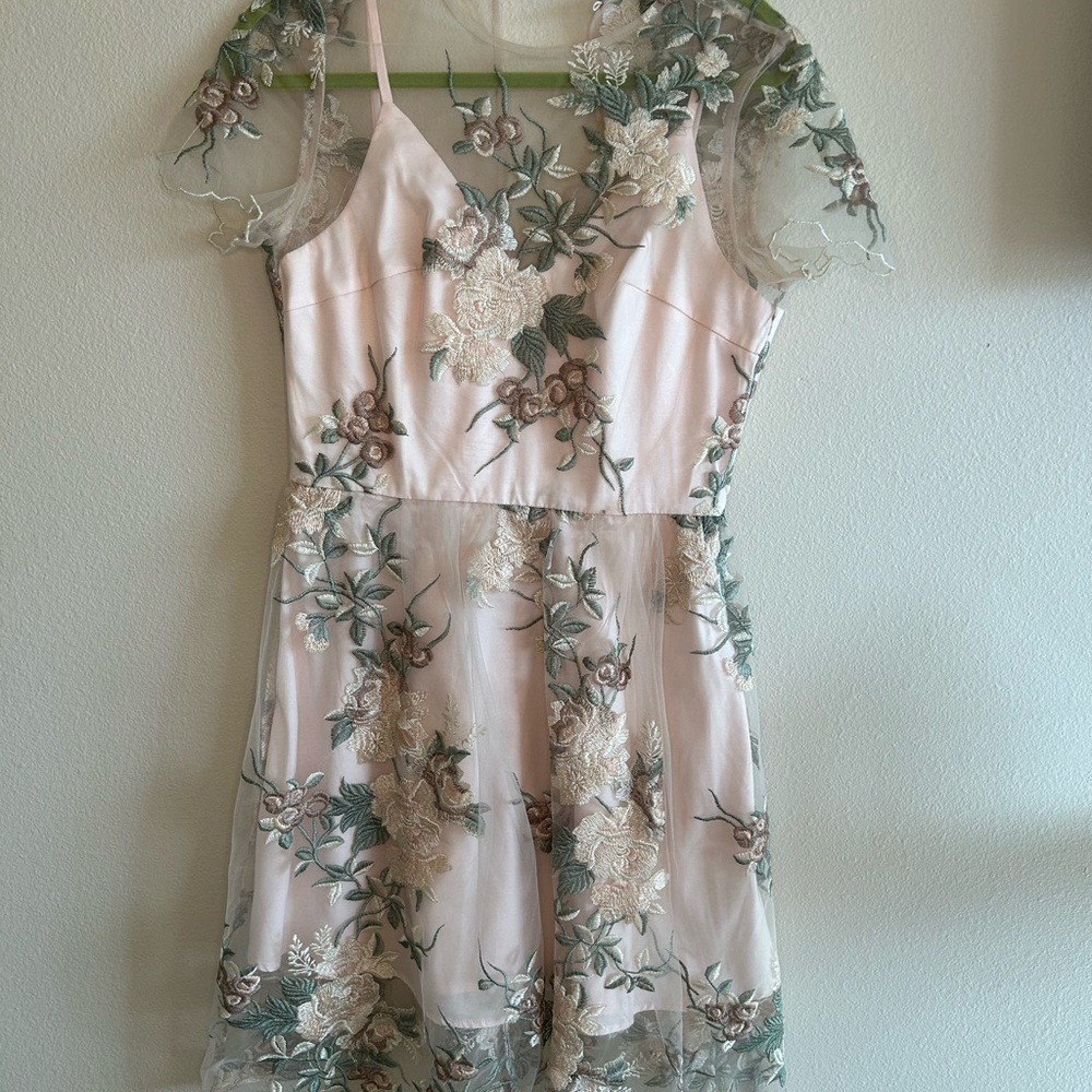 Chi Chi London Floral Embroidered Dress in Pink and Green
